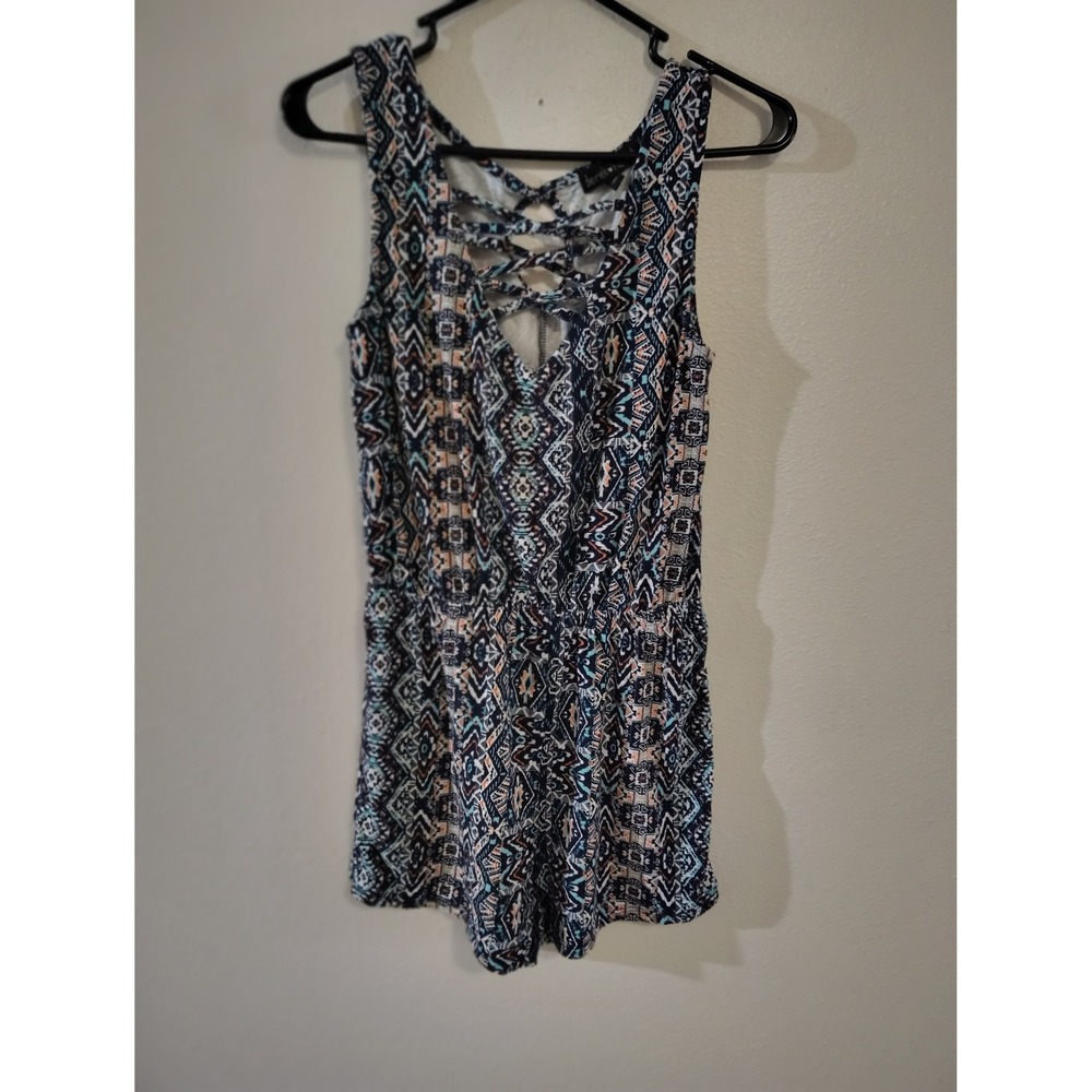 Derek Heart Womens Geometric Tribal Print Strappy V-Neck Romper Navy Blue Medium
